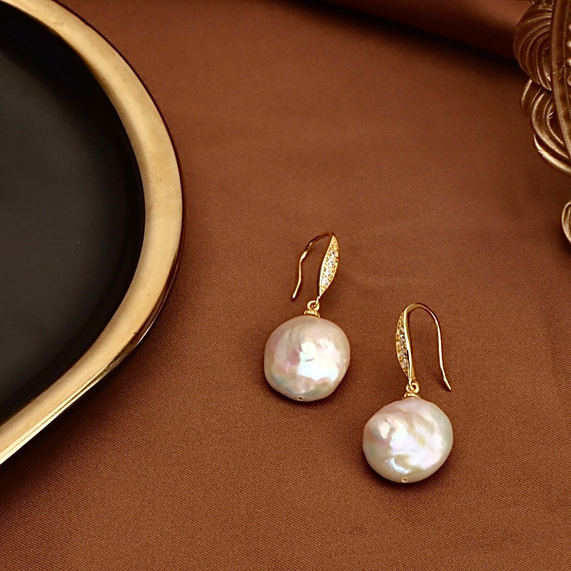 Genuine Freshwater Gold Vermeil Baroque Pearl Leaves Drop Dew Earrings