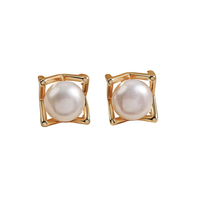Genuine Freshwater Pearl Golden Cube Earrings - Main Product View - Elegant Pearl Jewelry by Kikyo Pearl London