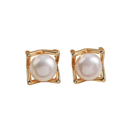 Genuine Freshwater Pearl Golden Cube Earrings - Main Product View - Elegant Pearl Jewelry by Kikyo Pearl London