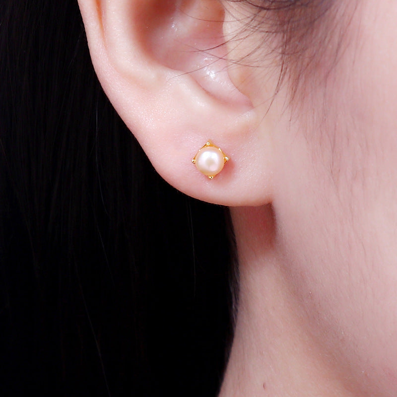 Genuine Freshwater Pearl Golden Cube Earrings