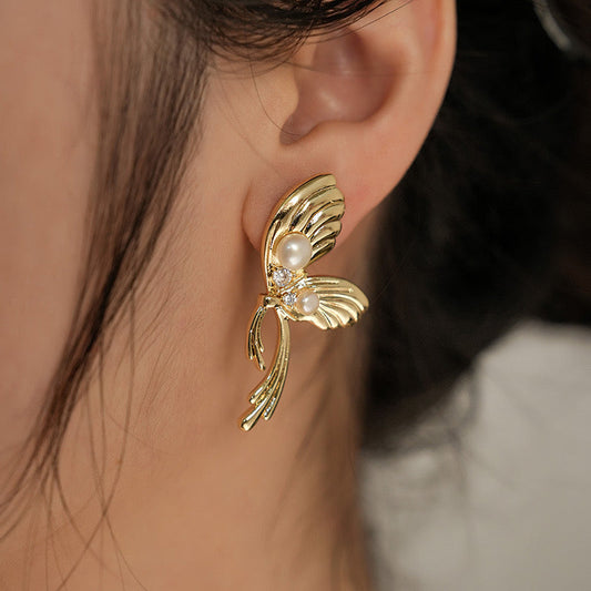 Genuine Freshwater Pearl Happy Butterfly Earrings - Side Angle View - Elegant Pearl Jewelry by Kikyo Pearl London