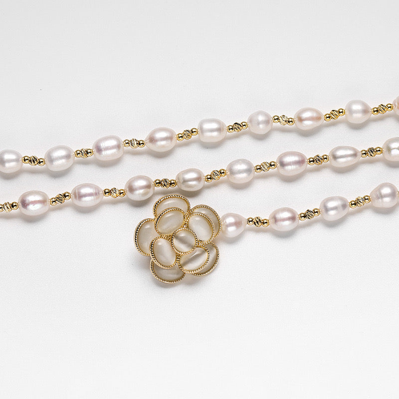 Genuine Freshwater Pearl Holy Floral Necklace - Lifestyle/Scale View - Elegant Pearl Jewelry by Kikyo Pearl London