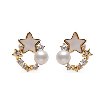 Genuine Freshwater Pearl Moon Star Earrings