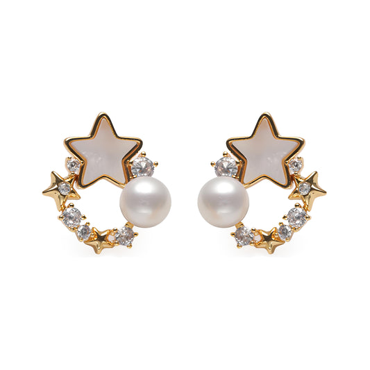 Genuine Freshwater Pearl Moon Star Earrings