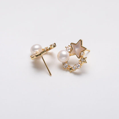 Genuine Freshwater Pearl Moon Star Earrings - Close-up Detail - Elegant Pearl Jewelry by Kikyo Pearl