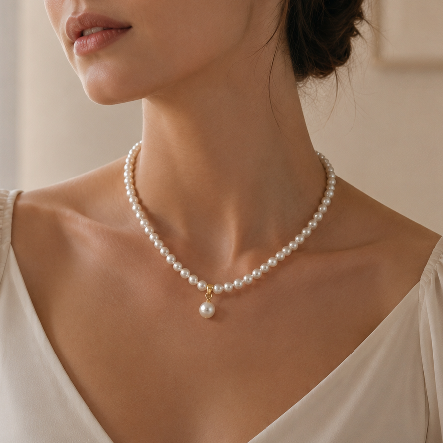 Genuine Freshwater Pearl S925 Silver Sawa Necklace - Model Wear View - Elegant Pearl Jewelry by Kikyo Pearl London