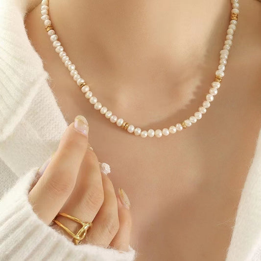 Genuine Freshwater Pearl Titanium Steel Gold Beans Necklace