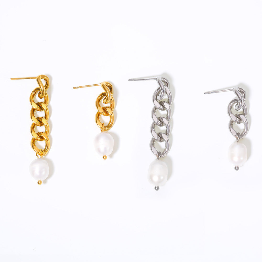 Genuine Freshwater Pearl Titanium Steel Irregular Earrings
