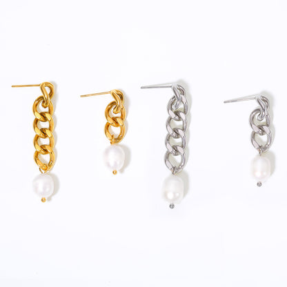 Genuine Freshwater Pearl Titanium Steel Irregular Earrings