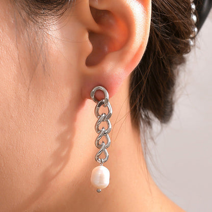 Genuine Freshwater Pearl Titanium Steel Irregular Earrings