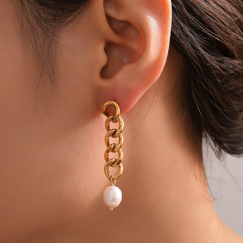 Genuine Freshwater Pearl Titanium Steel Irregular Earrings