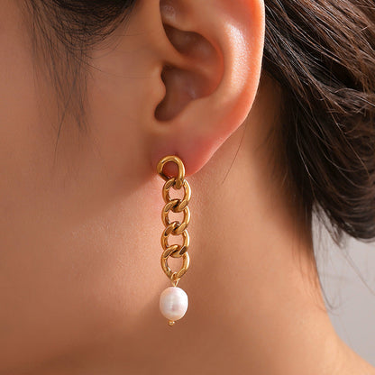Genuine Freshwater Pearl Titanium Steel Irregular Earrings