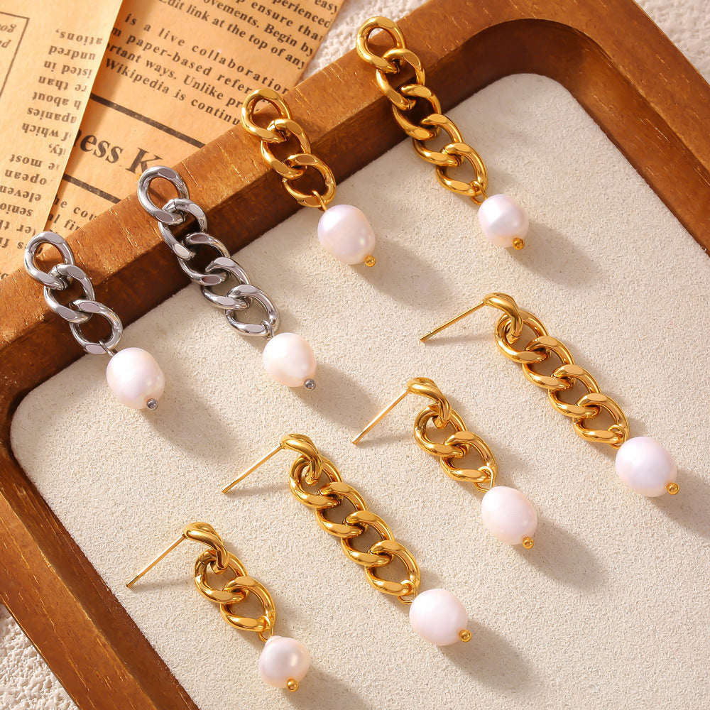Genuine Freshwater Pearl Titanium Steel Irregular Earrings