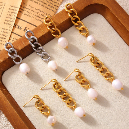 Genuine Freshwater Pearl Titanium Steel Irregular Earrings
