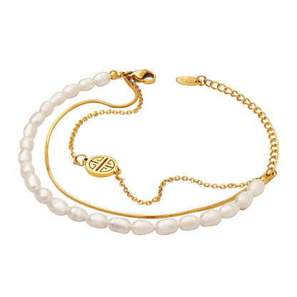 Genuine Freshwater Pearl Titanium Steel Lucky Dew Bracelet