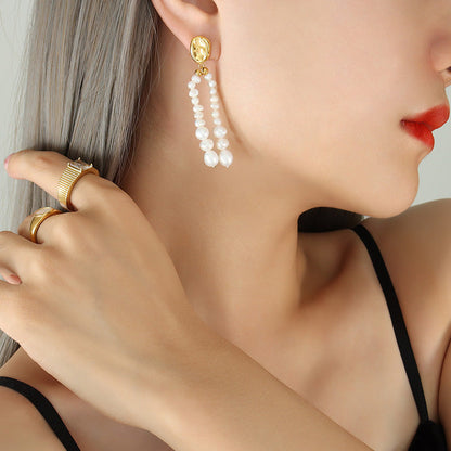 Genuine Freshwater Pearl Titanium Steel Morning Dew Earrings
