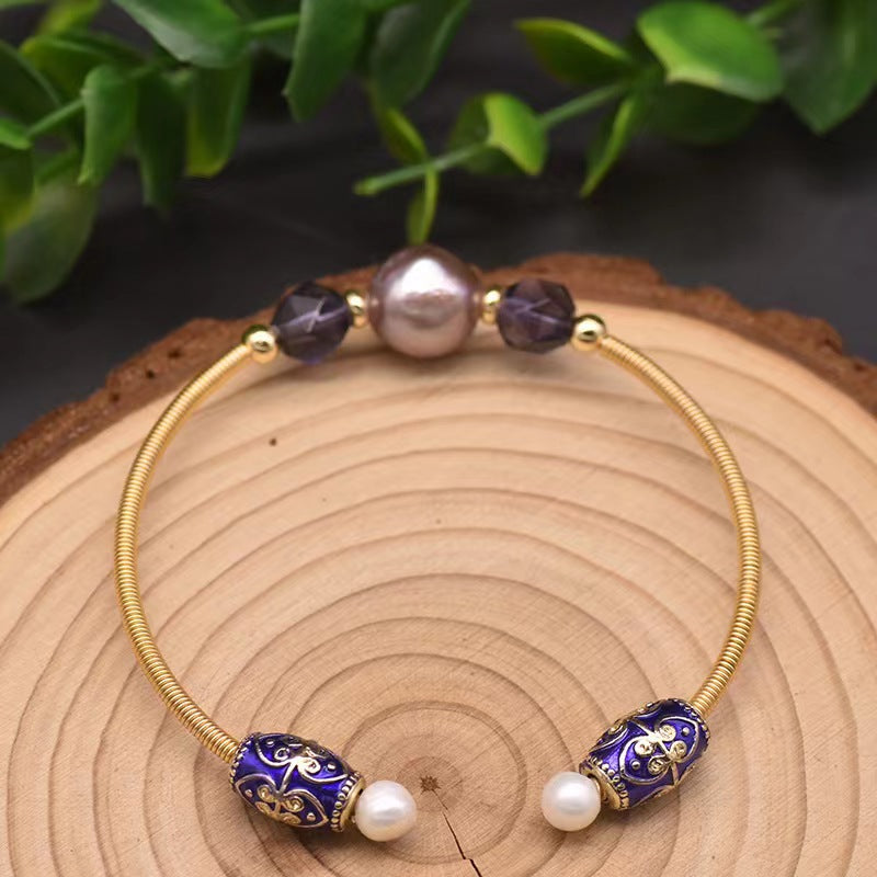 Bracelet en véritable perle d'eau douce baroque violette et améthyste (édition limitée)