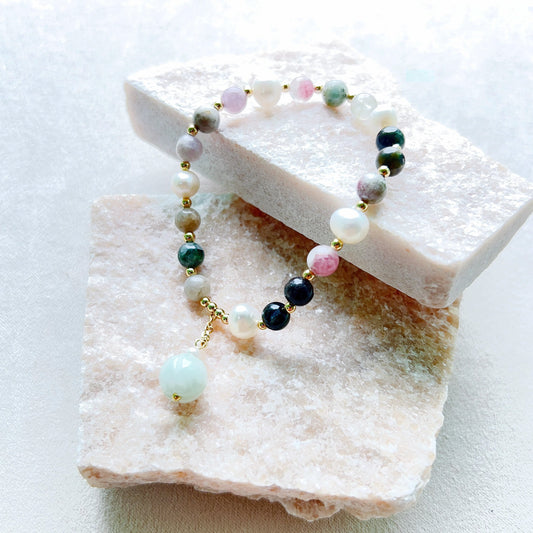 Pulsera Harmony de turmalina mixta y 8 perlas de agua dulce