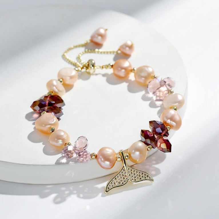 Pulsera de cola de ballena y sirena con cristales de perla de agua dulce auténtica