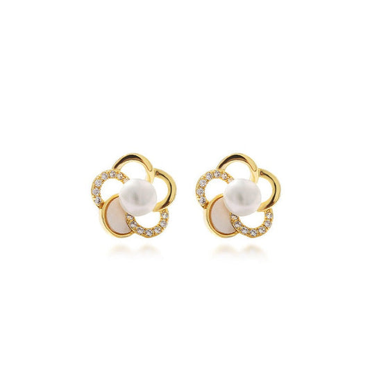Pendientes de flor de la suerte con perlas de agua dulce auténticas