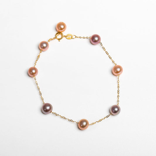 Pulsera de oro macizo de 18 quilates con perlas de agua dulce genuinas