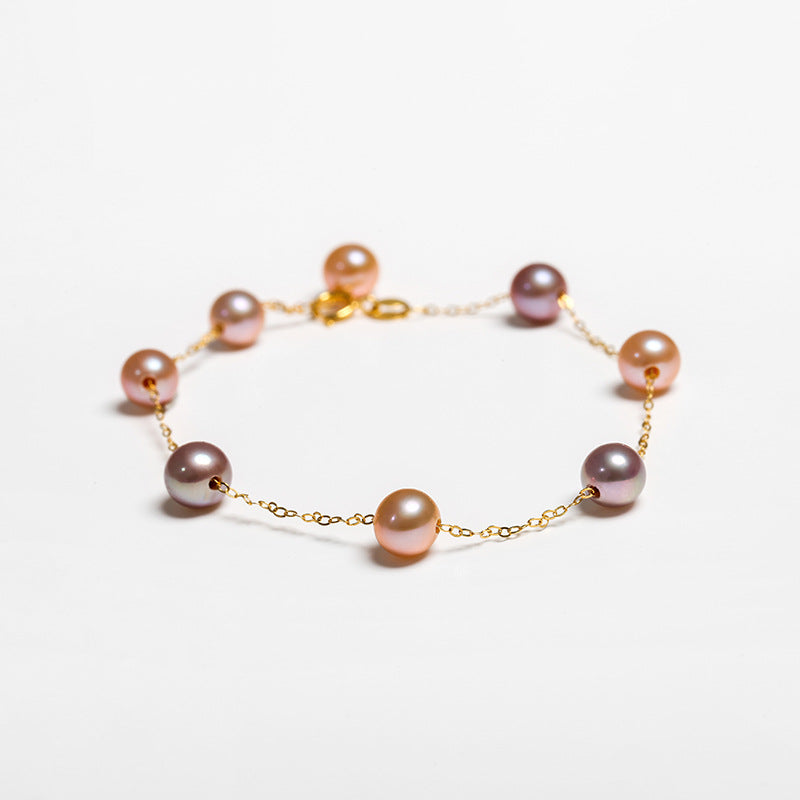 Pulsera de oro macizo de 18 quilates con perlas de agua dulce genuinas