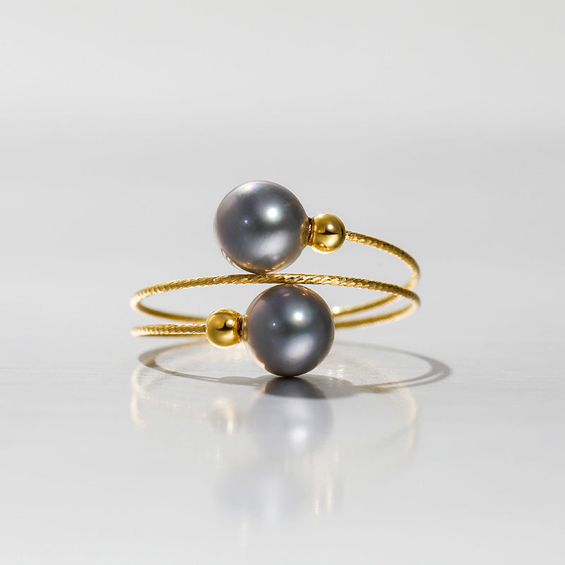 Solid 18K Gold Genuine Akoya Pearl Black Phantom Ring