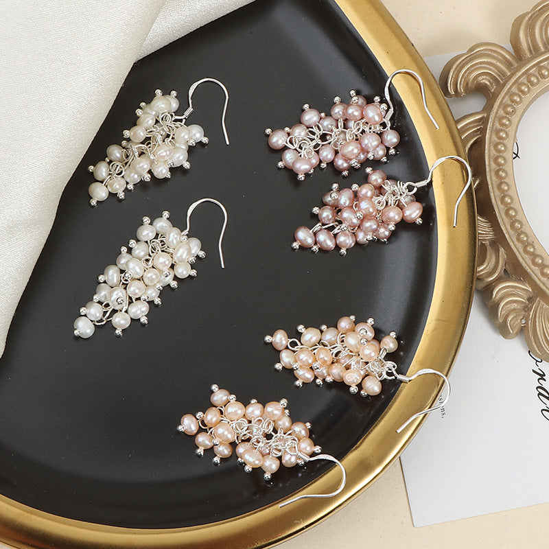S925 Silver Genuine Freshwater Baroque Pearl Grape Earrings