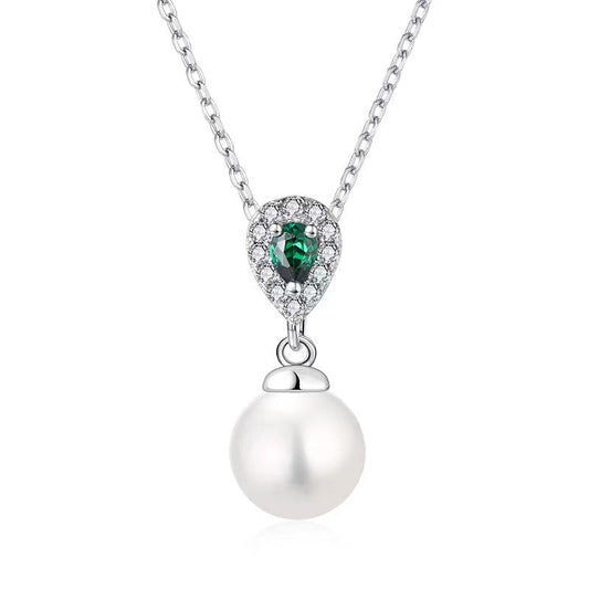 S925 Silver Genuine Freshwater Pearl Emerald Tear Necklace