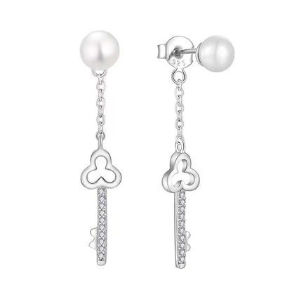 S925 Silver Genuine Freshwater Pearl Key of Love Earrings