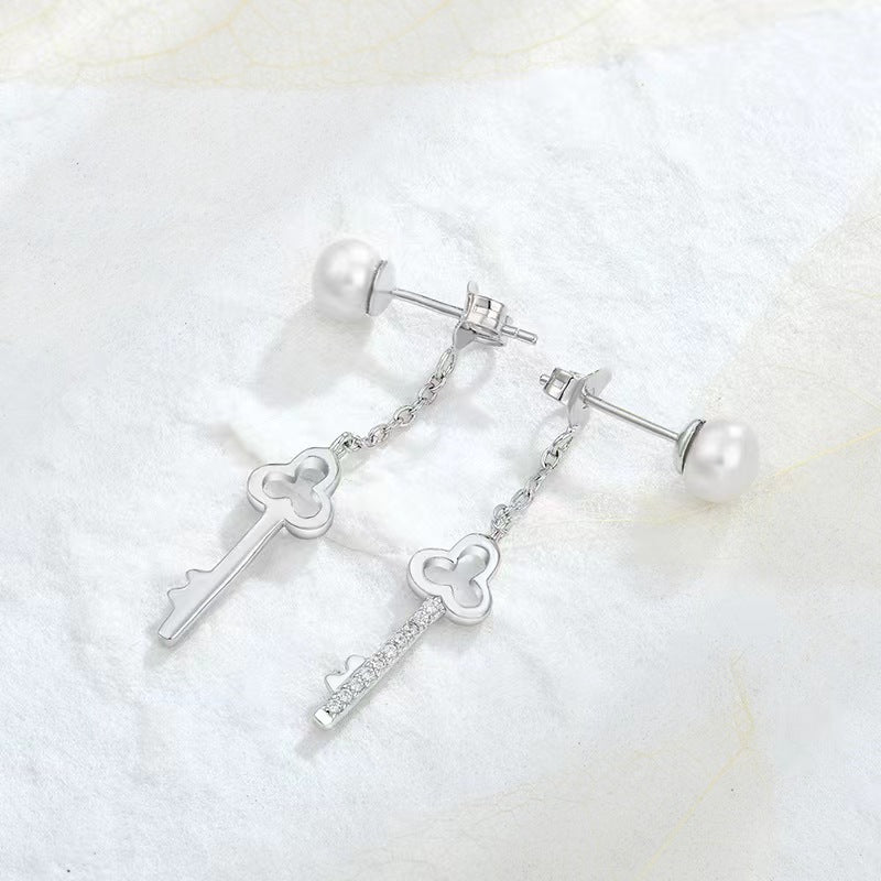 S925 Silver Genuine Freshwater Pearl Key of Love Earrings