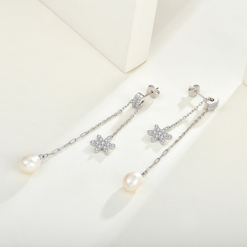 S925 Silver Genuine Freshwater Pearl Star Wish Earrings