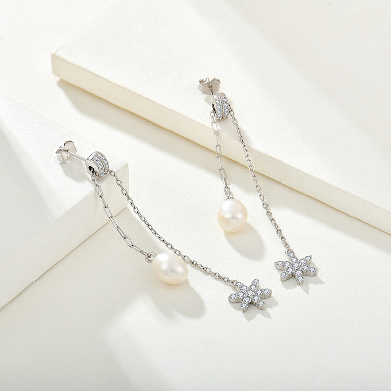 S925 Silver Genuine Freshwater Pearl Star Wish Earrings