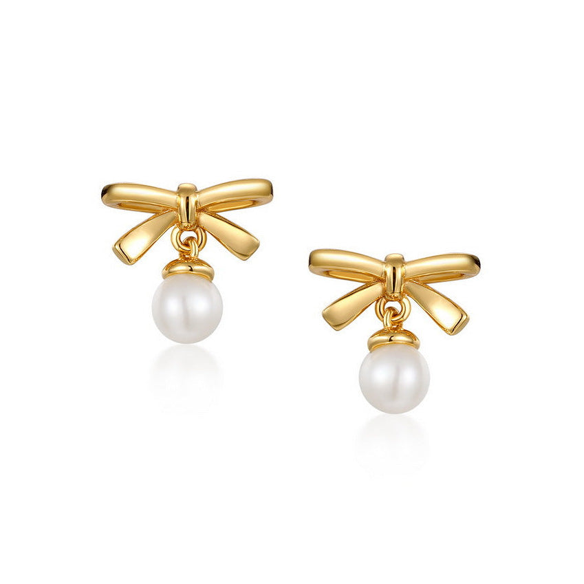 S925 Silver Genuine Natural Freshwater Pearl Lovely Bow Earrings