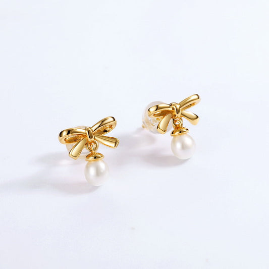 S925 Silver Genuine Natural Freshwater Pearl Lovely Bow Earrings