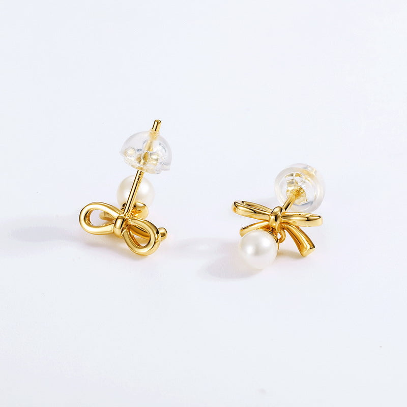 S925 Silver Genuine Natural Freshwater Pearl Lovely Bow Earrings