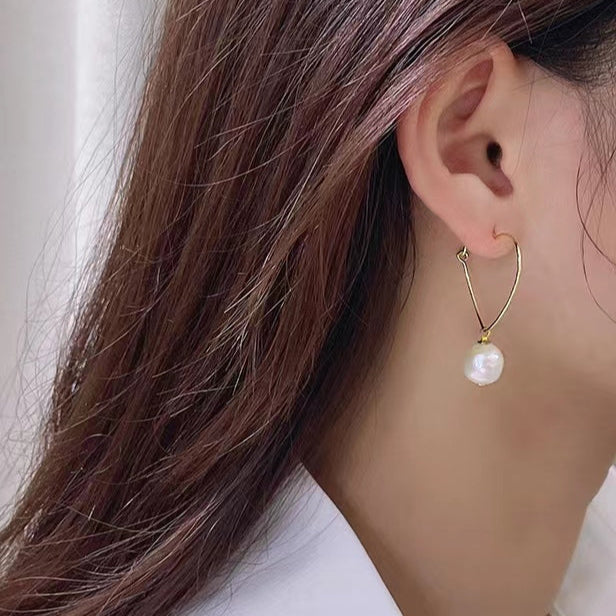 Boucles d'oreilles cœur en argent massif S925 avec véritable perle baroque