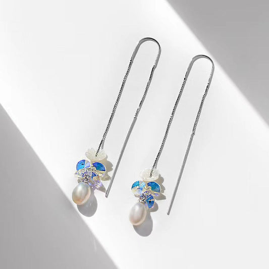 Genuine Freshwater Pearl Blue Flower Earrings