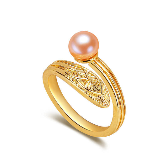 Bague ailes en laiton plaqué or 18 carats avec véritable perle d'eau douce