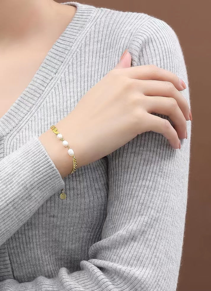 Pulsera de tres deseos de plata maciza S925 con perlas de agua dulce genuinas