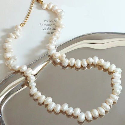 Genuine Freshwater Pearl Titanium Steel Rice Necklace