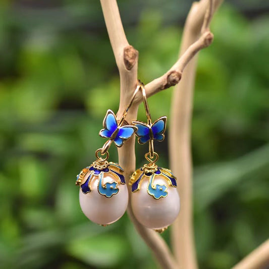 Boucles d'oreilles papillon bleues en perles baroques d'eau douce véritables (édition limitée)