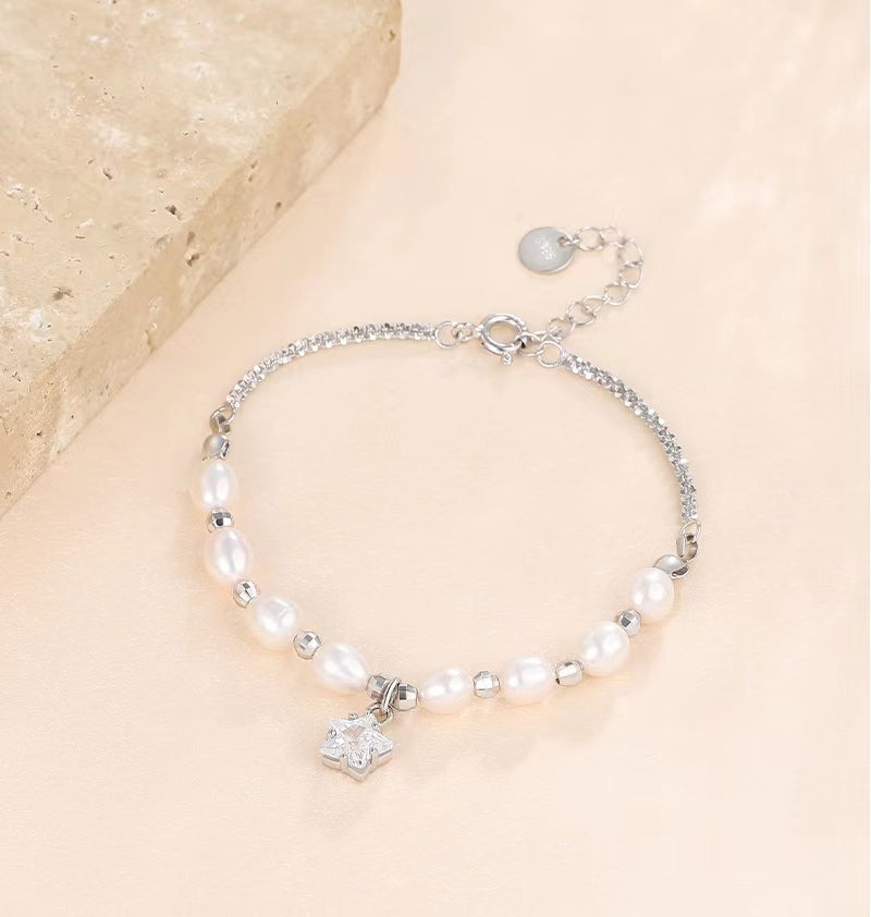 Pulsera Meteorito de Plata S925 Sólida con Perla de Agua Dulce Genuina