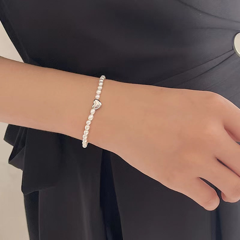 Pulsera de plata maciza S925 con forma de corazón y perlas de agua dulce auténticas