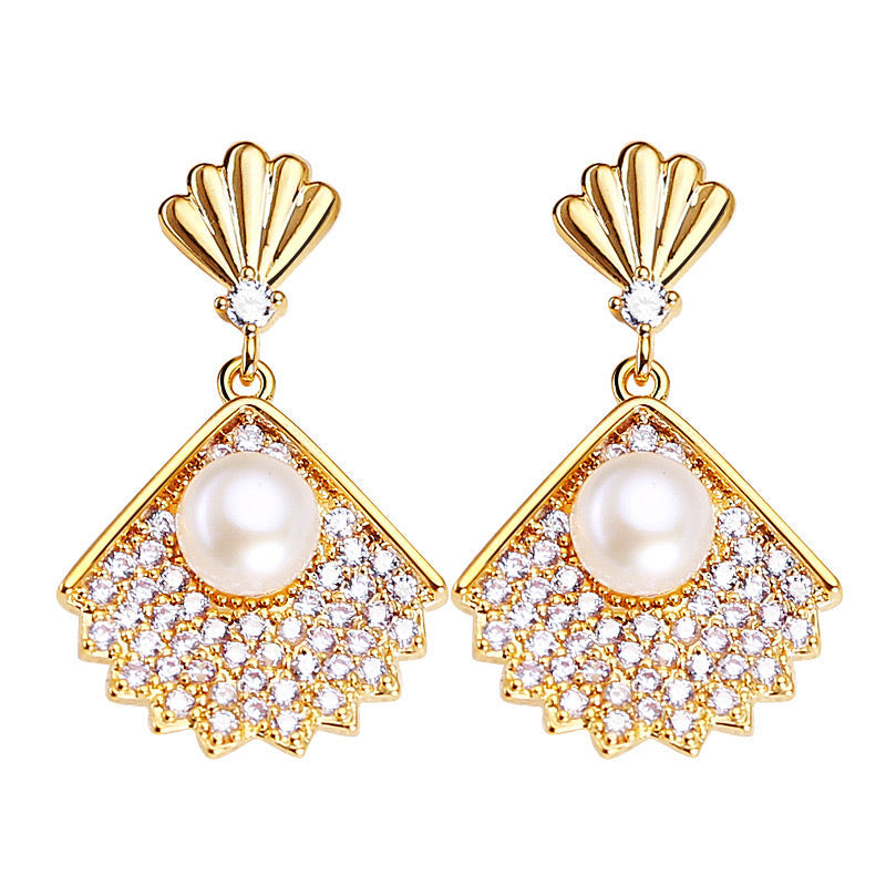Brass Plated with 18K Gold Genuine Freshwater Pearl Fan Shell Earrings