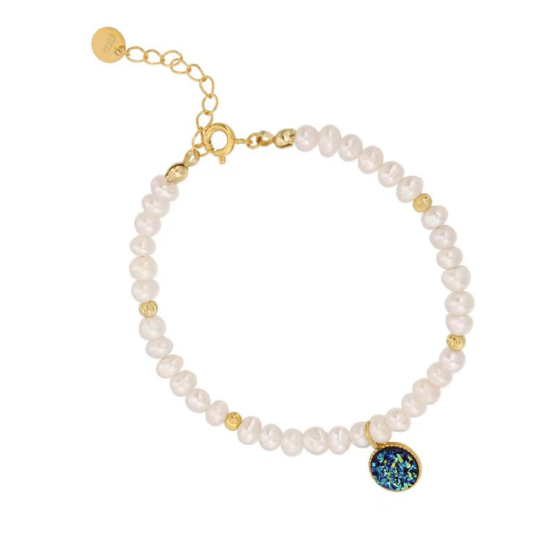 Pulsera de plata maciza S925 con perla barroca auténtica y noche estrellada