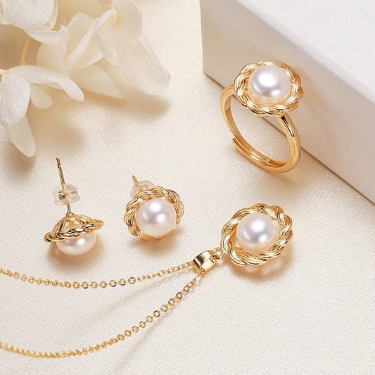 Ensemble Peace en laiton plaqué or 18 carats avec véritable perle d'eau douce