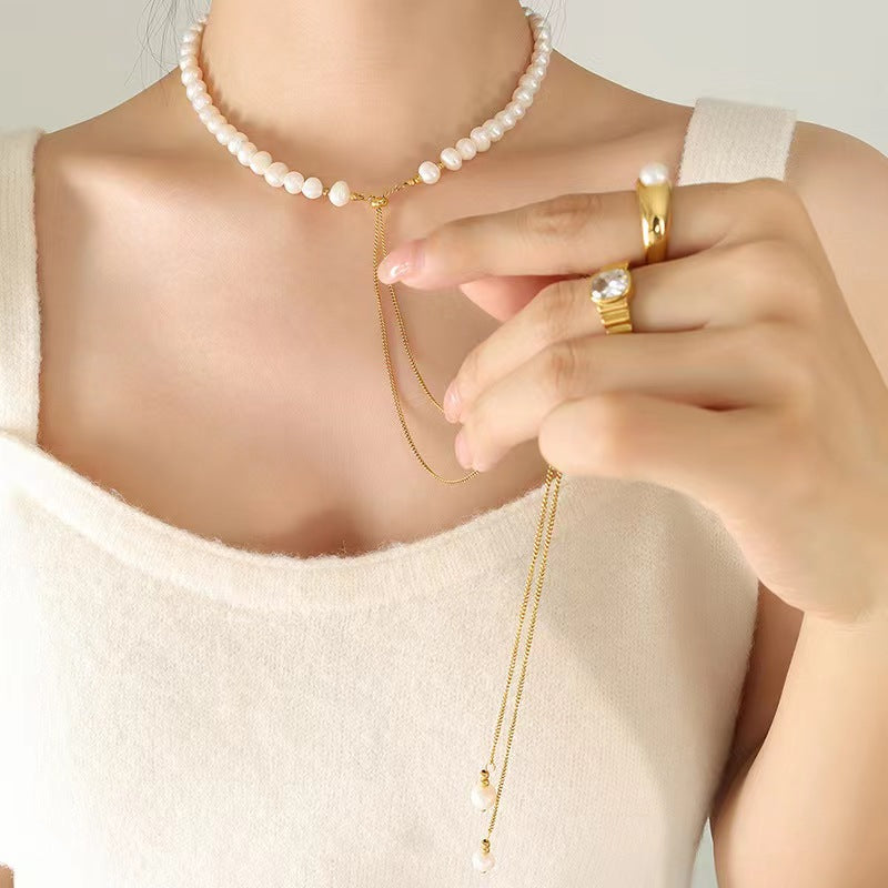 Genuine Freshwater Pearl Titanium Steel Cross Necklace