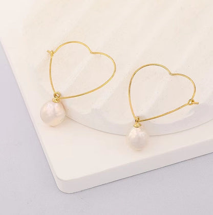 Pendientes de corazón de plata maciza S925 con auténtica perla barroca