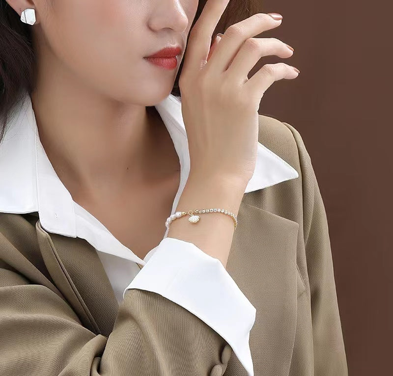 Pulsera de concha de plata maciza S925 con perla de agua dulce genuina